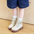 thumbnail image 3 of Babcutegg Girls Short Leather Boots Lace Up Adjustable Strap Low Heel Round Toe Shoes Fall Winter Casual Martin Boots Beige Size 10.5 Little Kid, 3 of 8