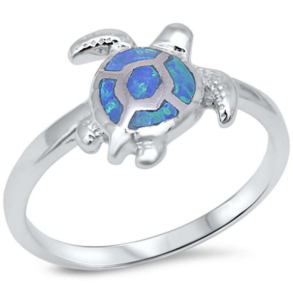 Simulated Blue Opal Sea Turtle Simple Band Ring Sterling Silver Size 9