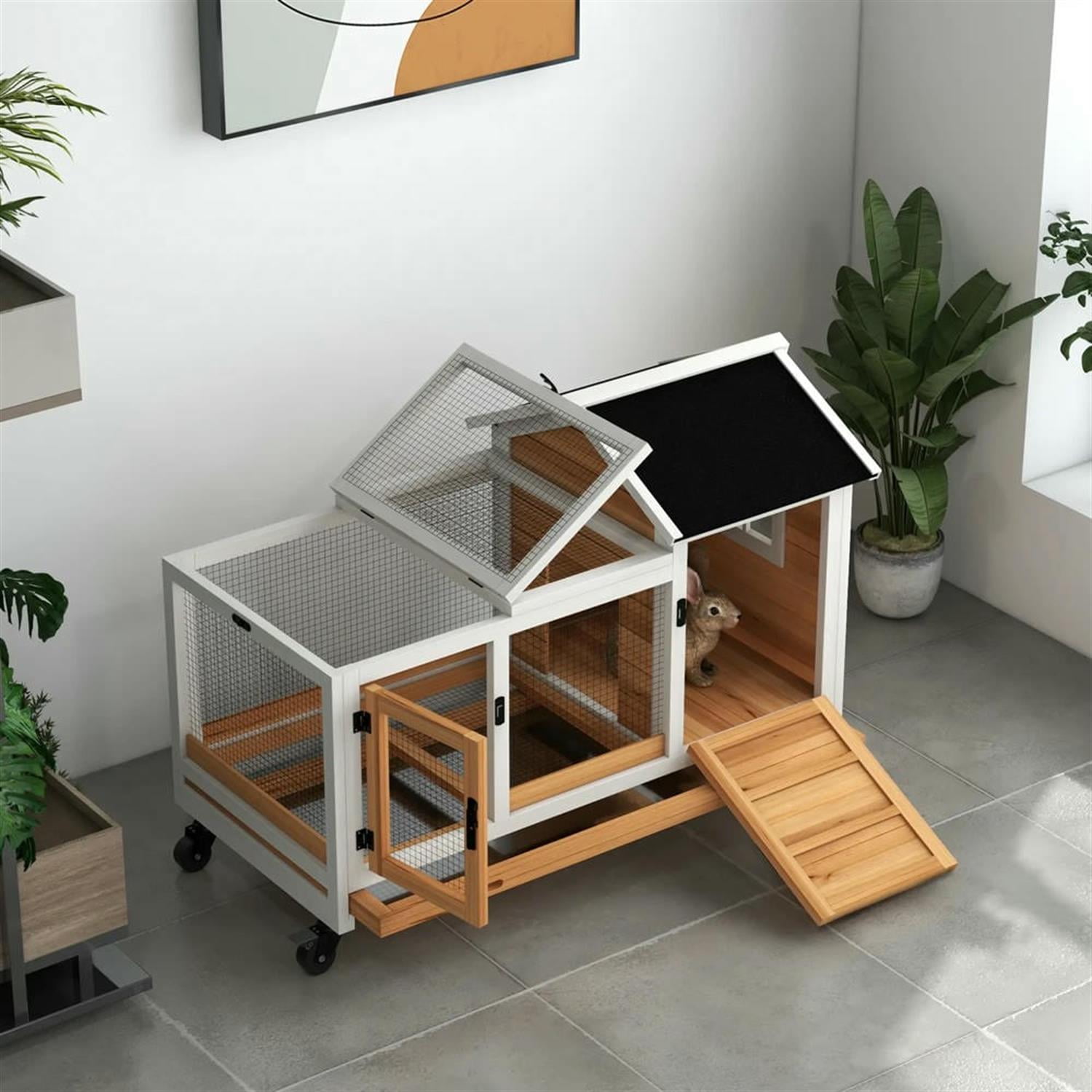 resenkos 42.5" Wooden Rabbit Hutch with Wheels and Slide-out Tray, Outdoor Small Animal Habitat Enclosure Bunny Cage for Bunnies, Guinea Pigs, Yellow