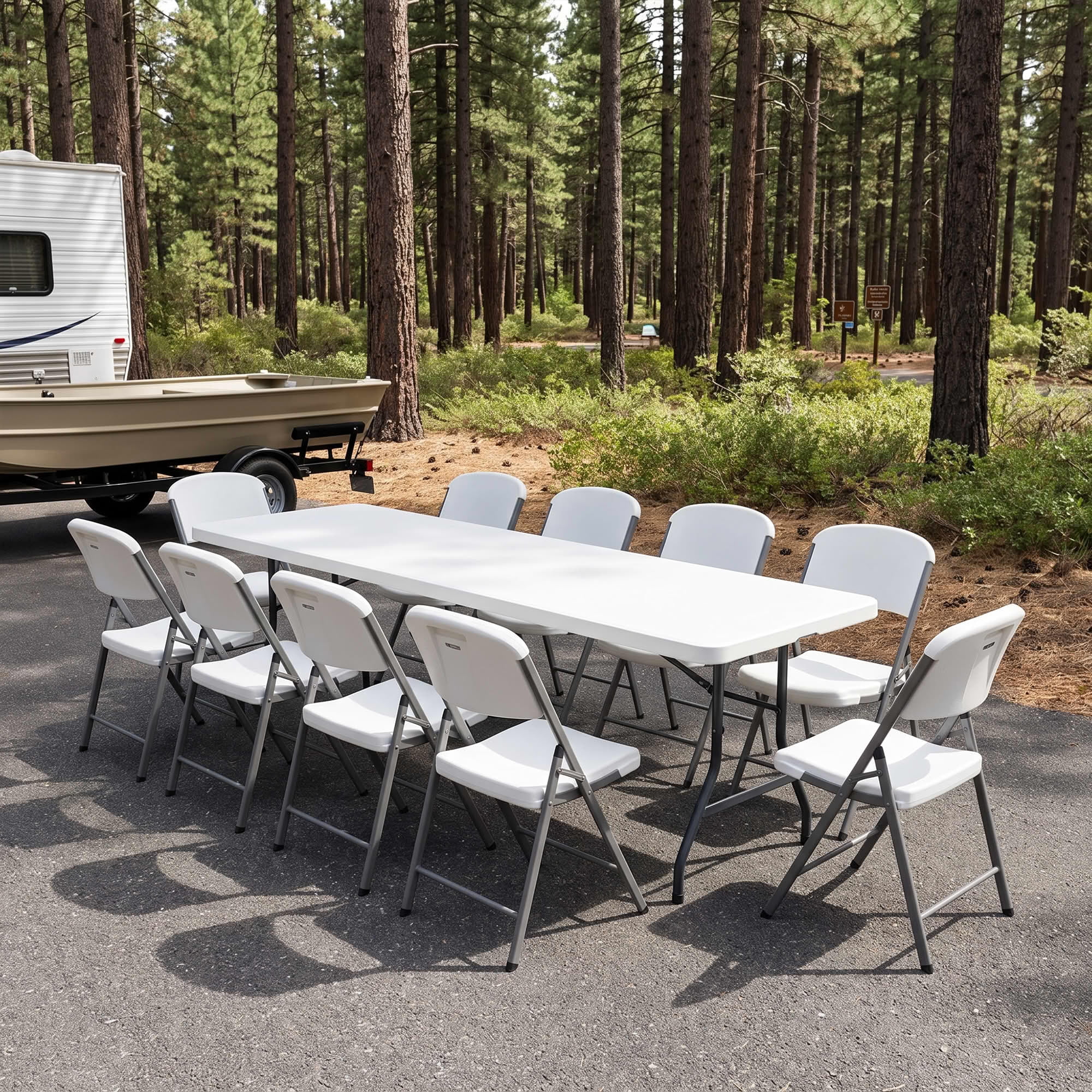 MAYEERTY 8FT White HDPE Non-Fold Top Folding Leg Table, Powder Coated Steel Frame UV Water Resistant Indoor Outdoor Table