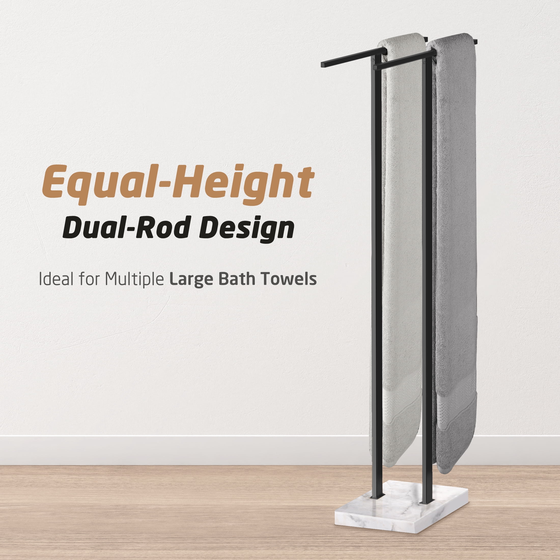 KES Black Standing Towel Rack, 37" H (Equal Height) Towel Stand with Marble Base, Free Standing Towel Racks for Bathroom Floor, 18/8 Stainless Steel, WMBTR005BK