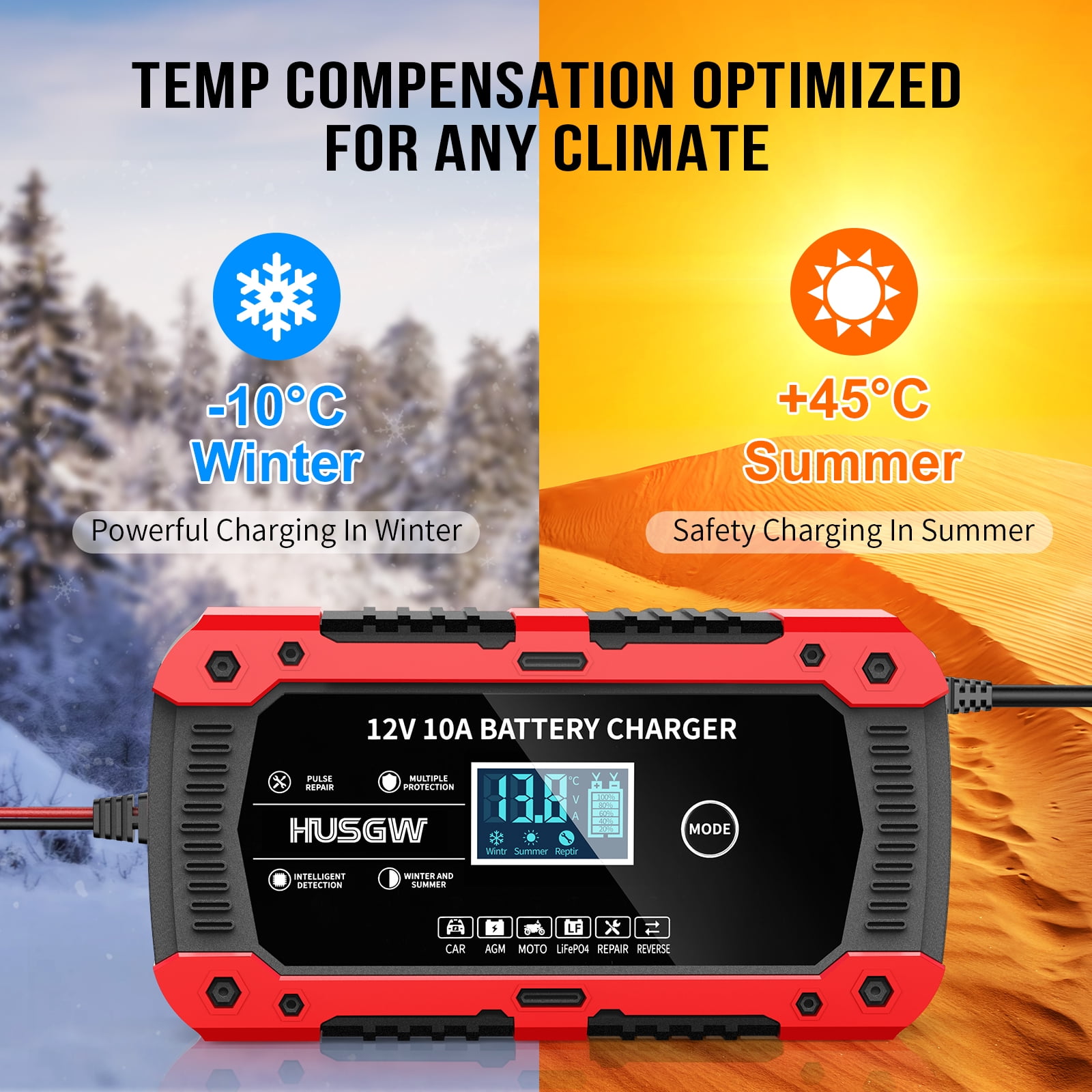 HUSGW Battery Charger 10-Amp 12V Fully-Automatic Smart Car Battery Charger, Battery Maintainer Trickle Charger, Compatible with Lead-Acid & LiFePO4  Iron Batteries，AGM, STD, Gel, Deep Cycle Batteries