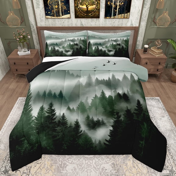 jejeloiu Retro Natural Landscape Bedding Comforter Set,Jungle Mountain Range Twin Comforter Sets,Green Black Bedding Set For Kids,Breathable Home Decor Reversible,2-Piece