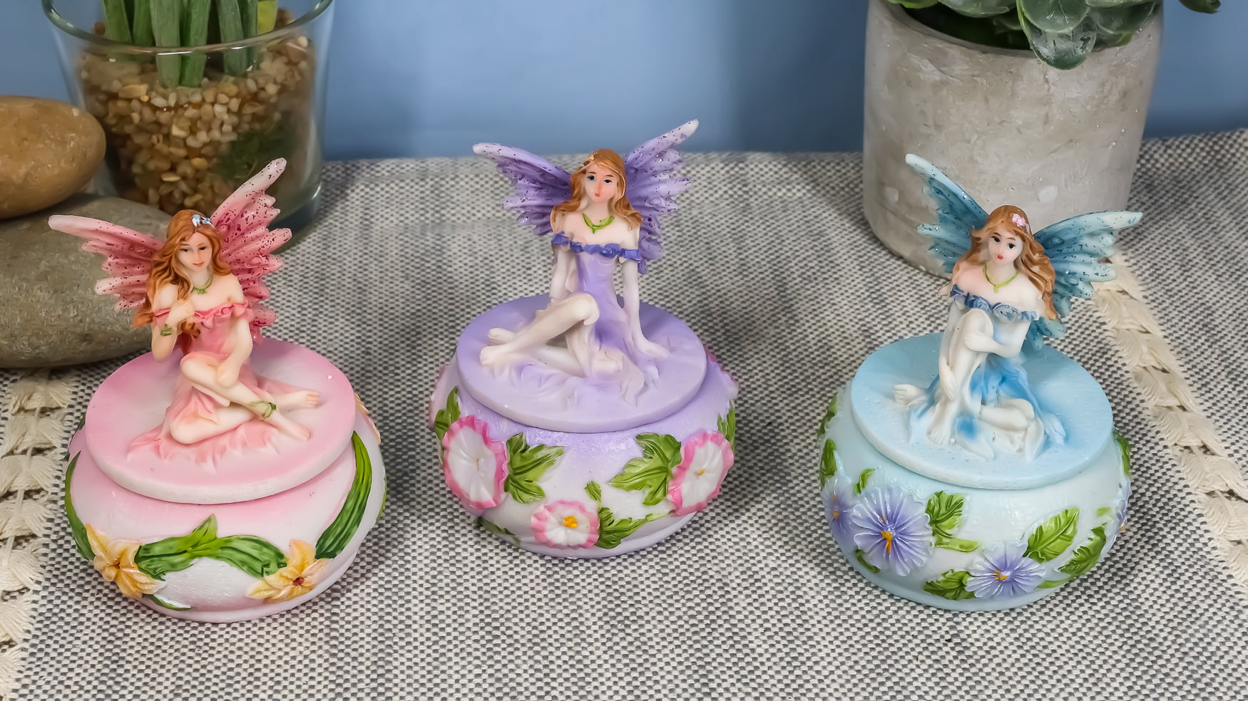 Veedaf Blue Pink Purple Flower Fairy Garden Small Decorative Box Figurines Set of 3
