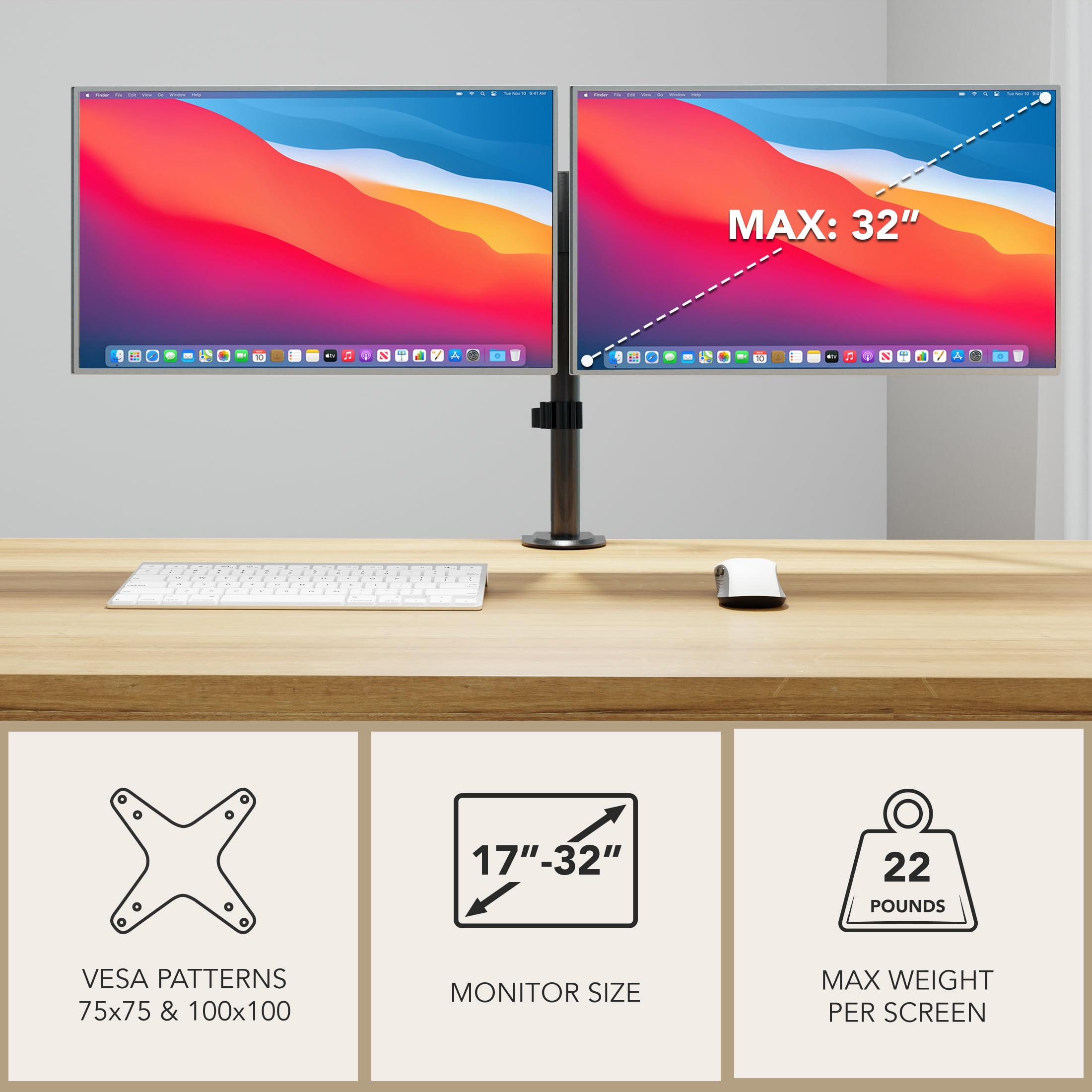 Mount-It! Dual Monitor Desk Stand, Fits 17"-32" Screen Sizes, Full Motion Mount, Ergonomic