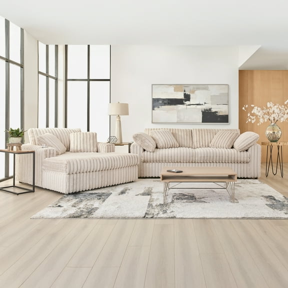 Roundhill Furniture Belvoir 2-Piece Living Room Set, Sofa and Cuddle Chaise, Beige Champagne