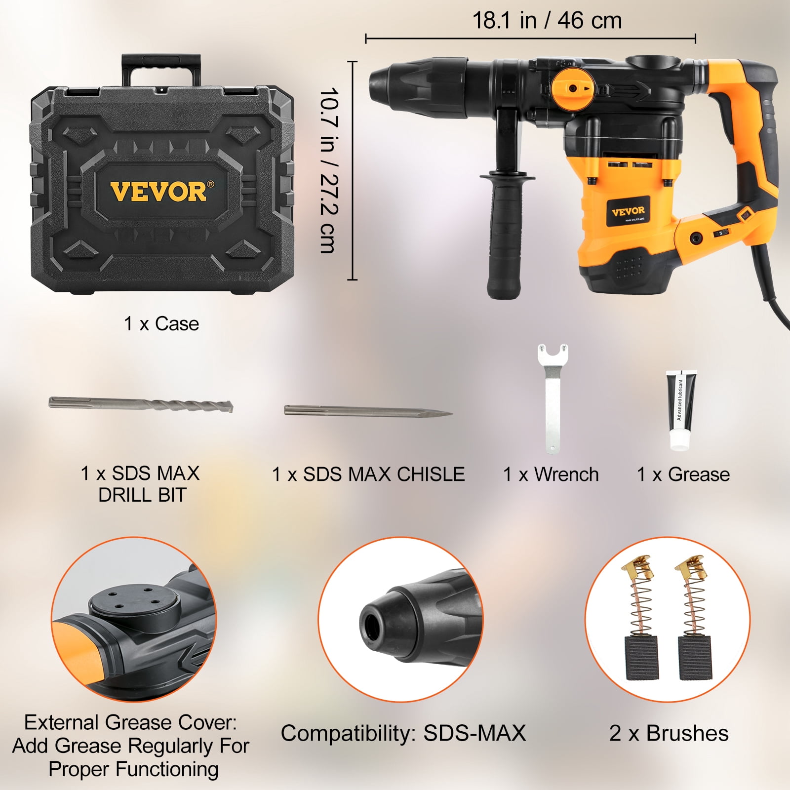 VEVOR 1-9/16 Inch SDS-Max Rotary Hammer Drill, 13Amp Corded Drills, Heavy Duty Chipping Hammers with Vibration Control & Safety Clutch, Electric Demolition Hammers Variable Speed, Power Tool