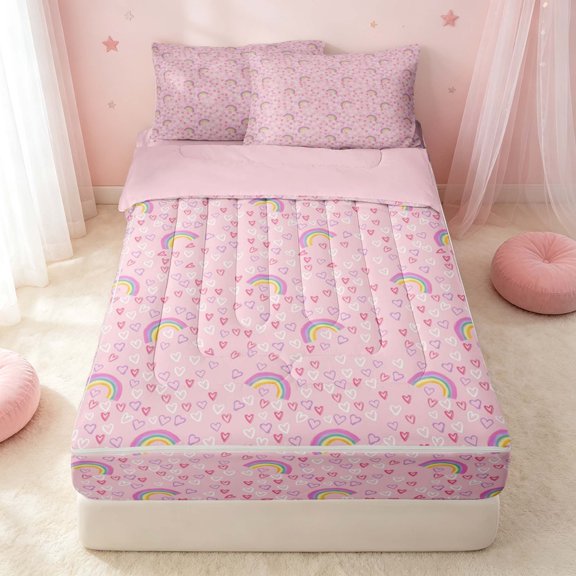 Erosebridal Kawaii Rainbow Zipper Twin Comforter Sets with Fitted Sheet and 2 Pillowcases, Cute Love Heart Zipper Bedding Set, Pink Reversible, Blush Rainbow, Pink Reversible