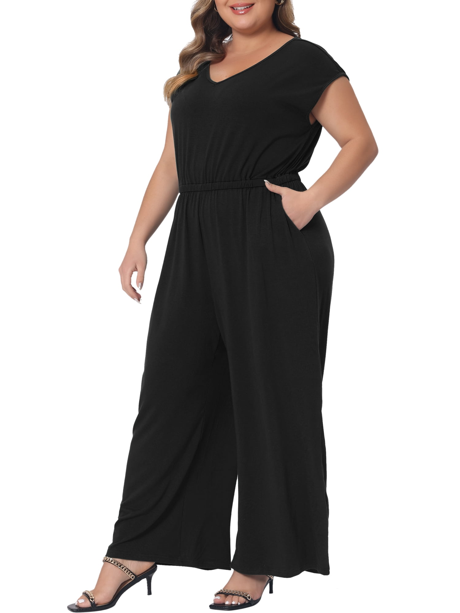 DARING DIVA Women's Plus Overall Rompers with V Neck and Sleeveless Design 4XL Black
