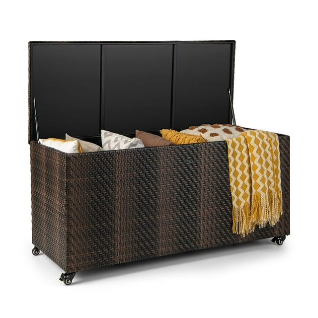 Coffre de Terrasse en Rotin d'Extérieur, Coffre de Rangement de Patio en Osier PE de 96 Gallons avec Roues et Doublure - Rangement Multifonction pour Coussins de Meubles de Patio, Outils de Jardin et Accessoires de Piscine