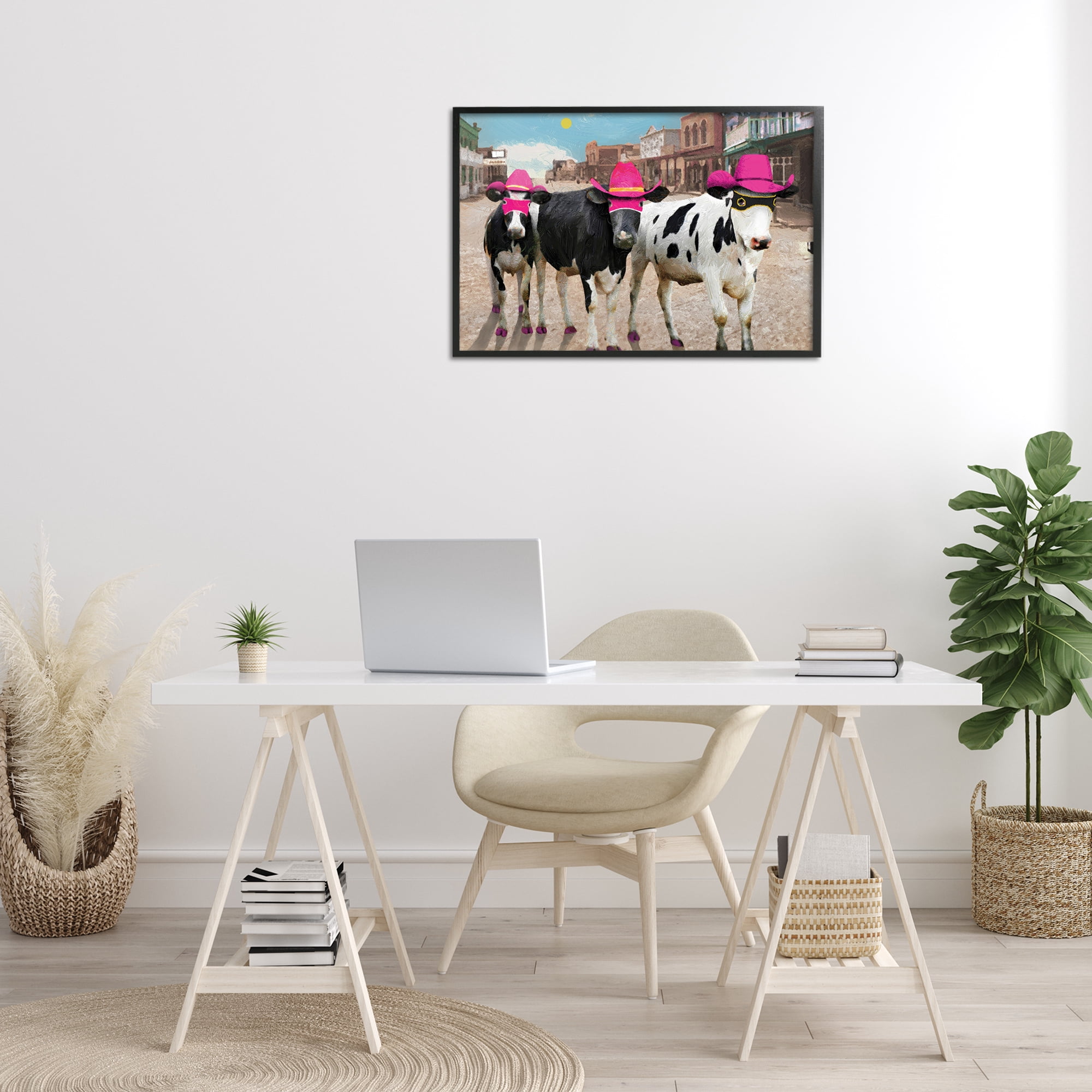 Stupell Industries Superhero Cows in Town Scenery Painting Black Framed Art Print Wall Art, 30 x 20