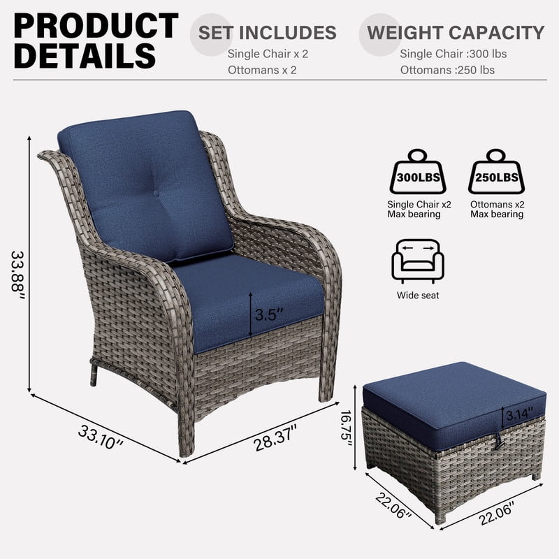 Meetleisure 4 Piece Wicker Patio Furniture Set, Rattan Chairs with Ottomans, High Back, Deep Seating, Wide Armrest, Thick Cushions for Deck Porch, Dark Blue
