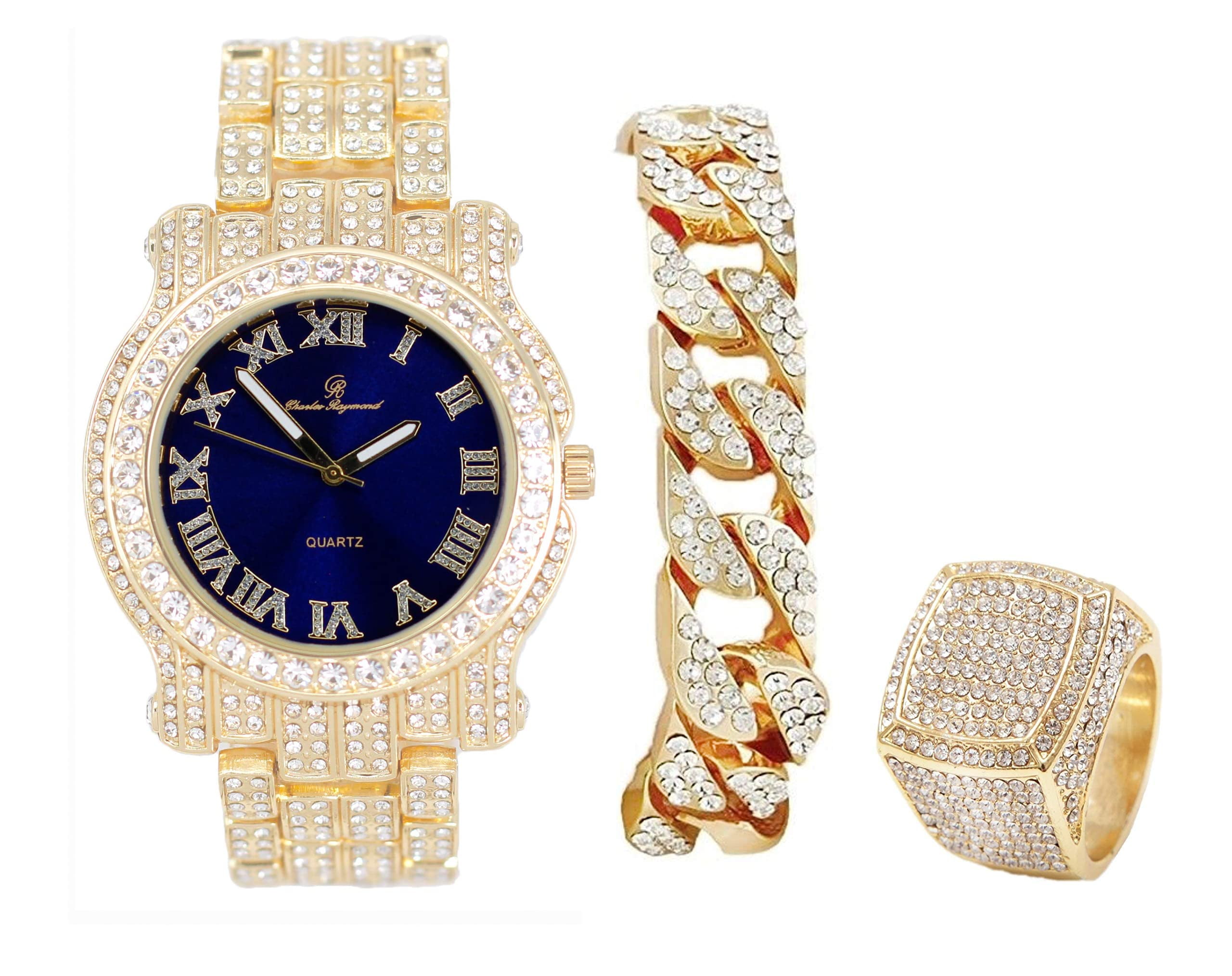 Charles Raymond Fully Iced Out Crystal Diamond Mens Watch w Easy Read Date and w Roman Numerals Combo with Designer Hip Hop Blinged Out Bracelet and