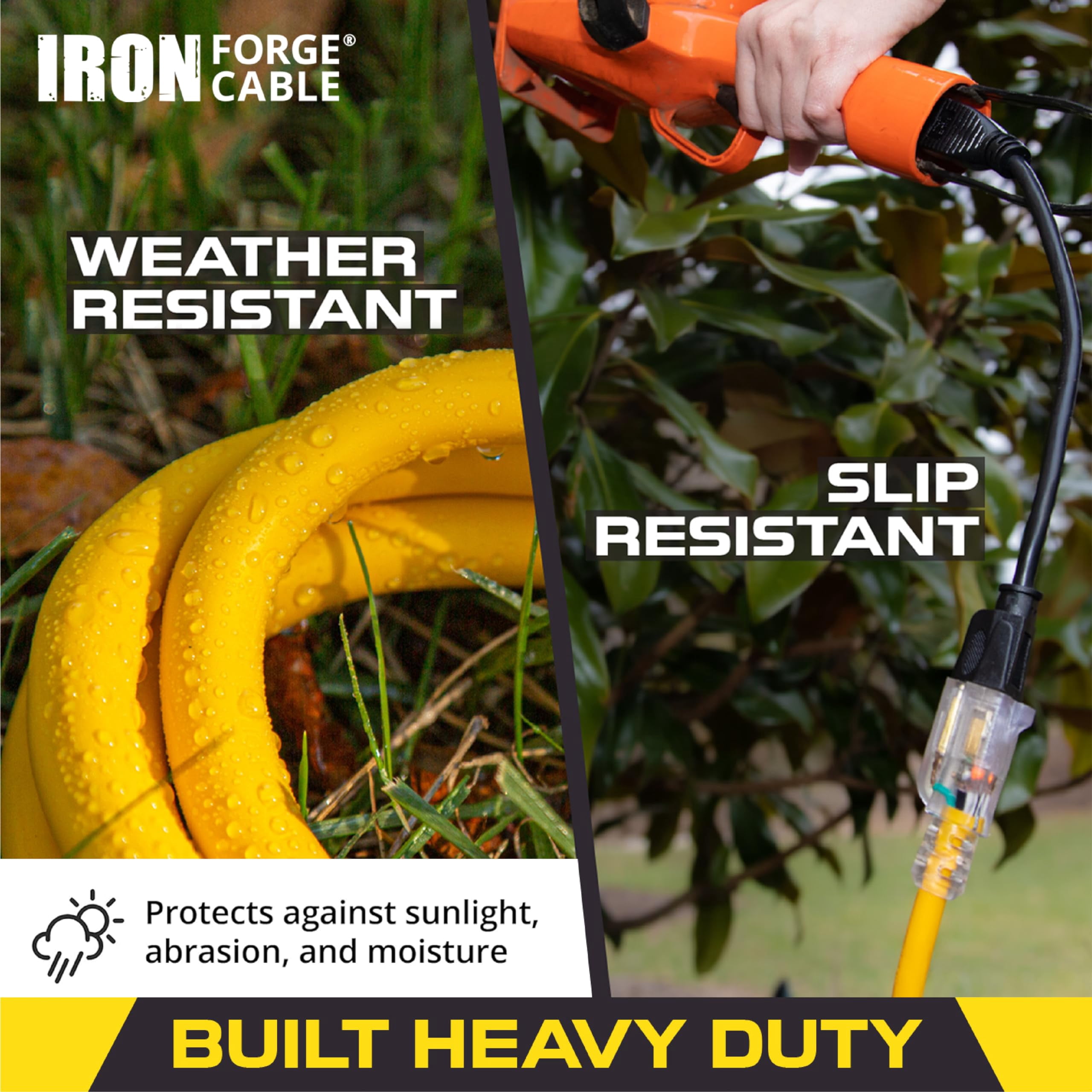 Iron Forge Cable 25ft Yellow Outdoor Extension Cord with 3 Outlets - 14/3 SJTW 15 Amp 25ft Extension Cord 3 Prong - Multiple Outlets with Lighted End