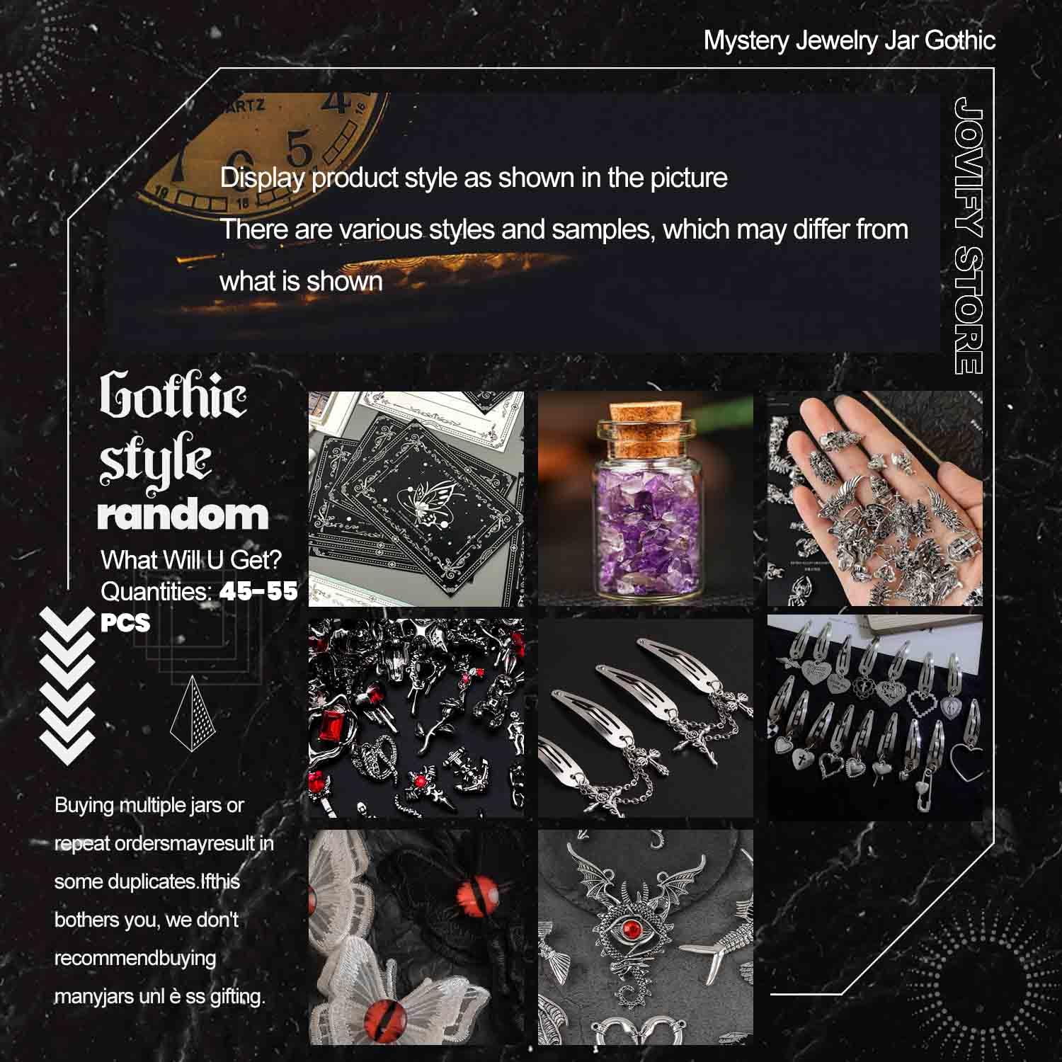 Mystery Jewelry Jar, Surprise Gothic Jewelry Box Sets for Women, Scary Witch Gift with Unique Birthday Halloween Gothic Red & Black Vampire Spooky Season Accessories(45-55PCS)
