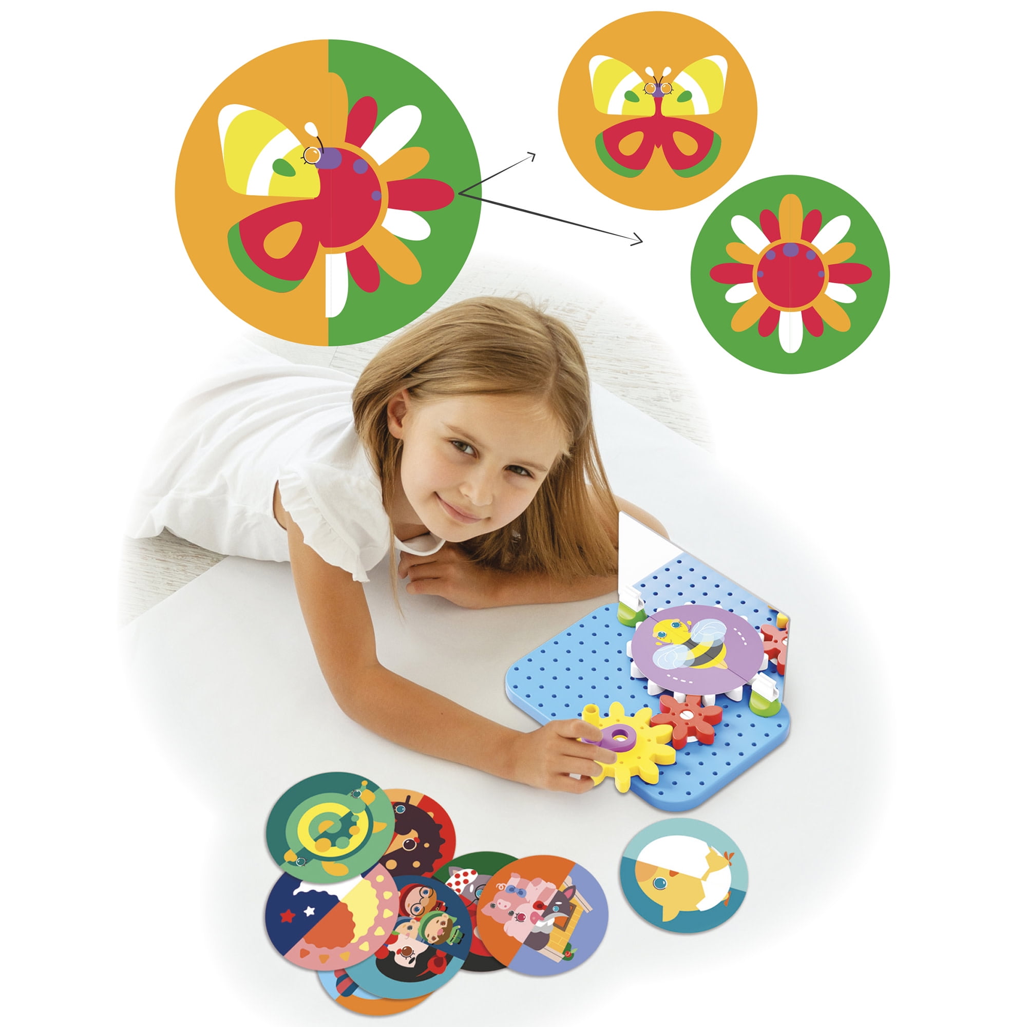 Quercetti: Mirrorello - Gear Assembly Game Toy, Turn The Crank, Double-Sided Discs, Mirror Illustrations, Explore Patterns, STEM Building Toy, Kids 4+