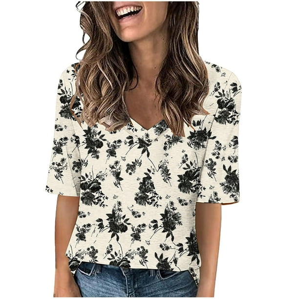 Camisetas de Manga Corta con Cuello en V Impresas, Camisetas Ligeras Y Elegantes con Cuello en V de las Mujeres