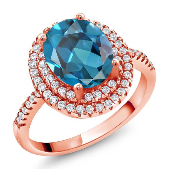 Gem Stone King 18K Rose Gold Plated Silver Halo Engagement Ring Topaz Moissanite (2.68 Cttw)