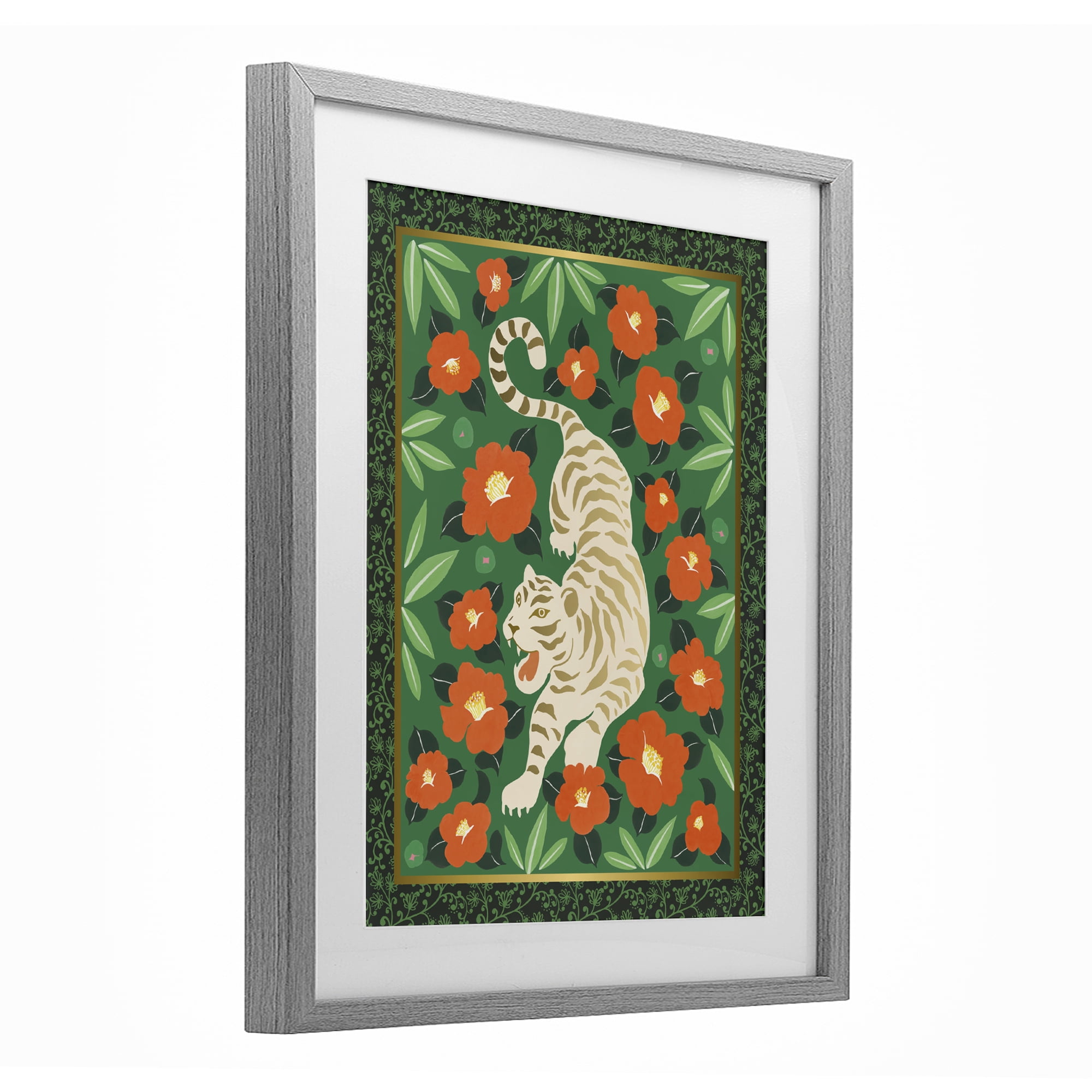 Stupell Industries Eclectic Tiger & Hibiscus Gray Framed Print Under Glass, design by Karolina Sato