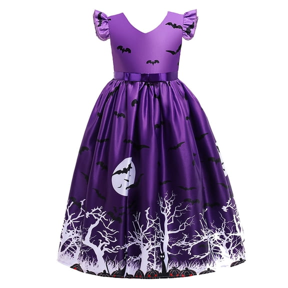 LIIPEE Girls Dresses Halloween Cartoon Bat Graphic Printed Fly Sleeve V Neck Ball Gown Princess Sundress Newborn Comfort Birthday Wedding Weekend Dress,Purple,4-5 Years
