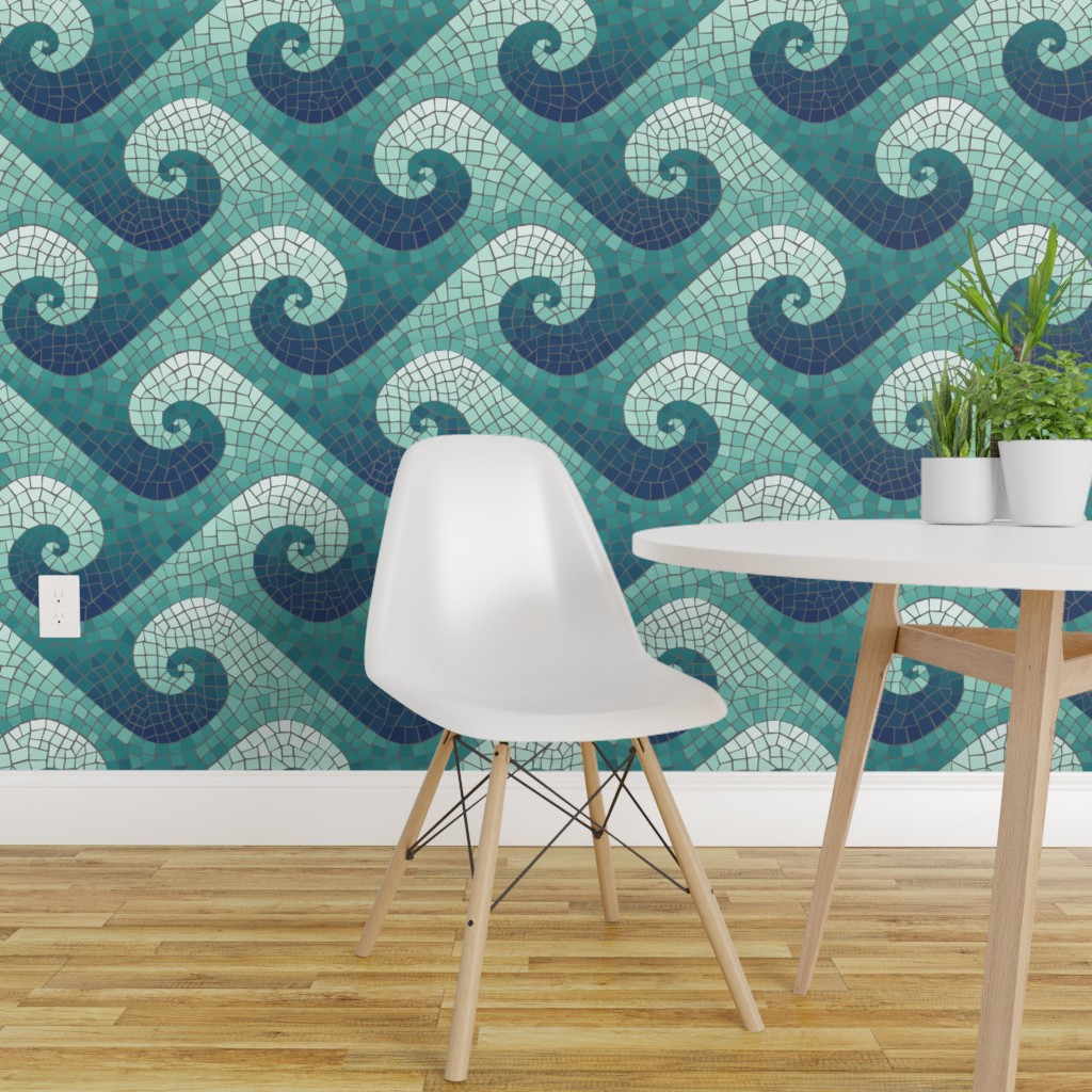 Peel & Stick Wallpaper 9ft x 2ft - Wave Mosaic Navy Teal White