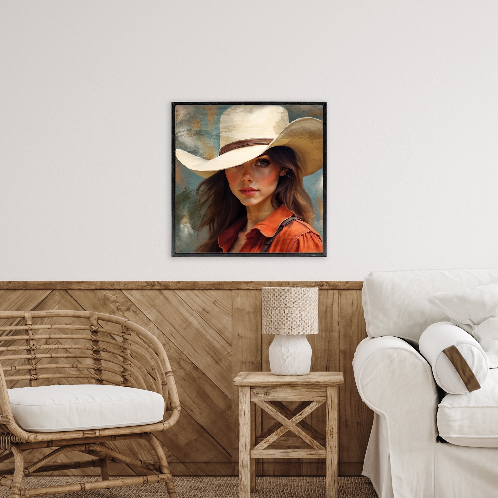 Cowgirl Gaze Beneath Hat Black Framed Giclee Art, design by Kim Allen