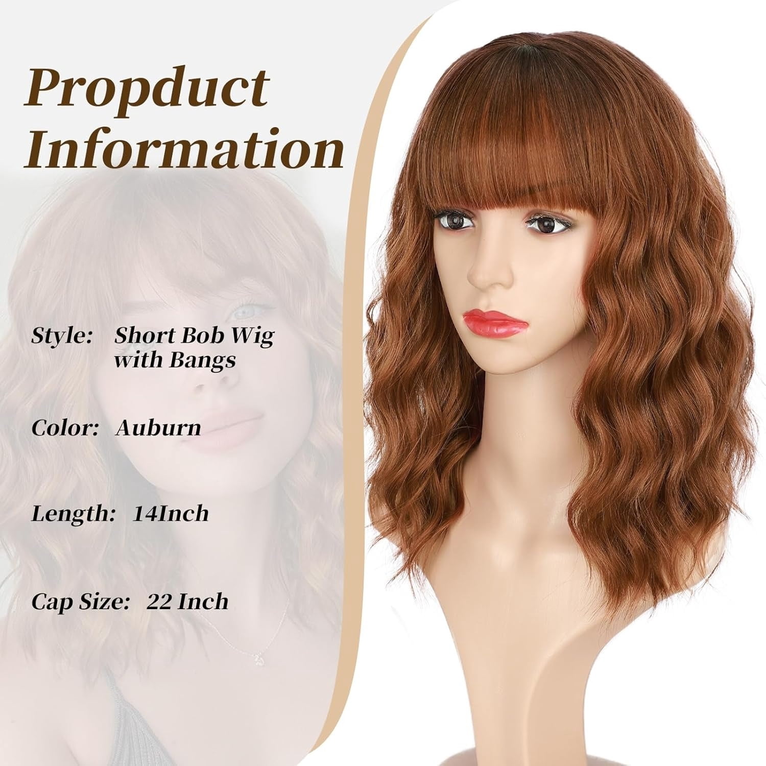 Wig with Bangs Short Bob Wigs for Women Shoulder Length Wavy Curly Wigs Synthetic Fiber Wigs 14 Inches for Daily Party Use