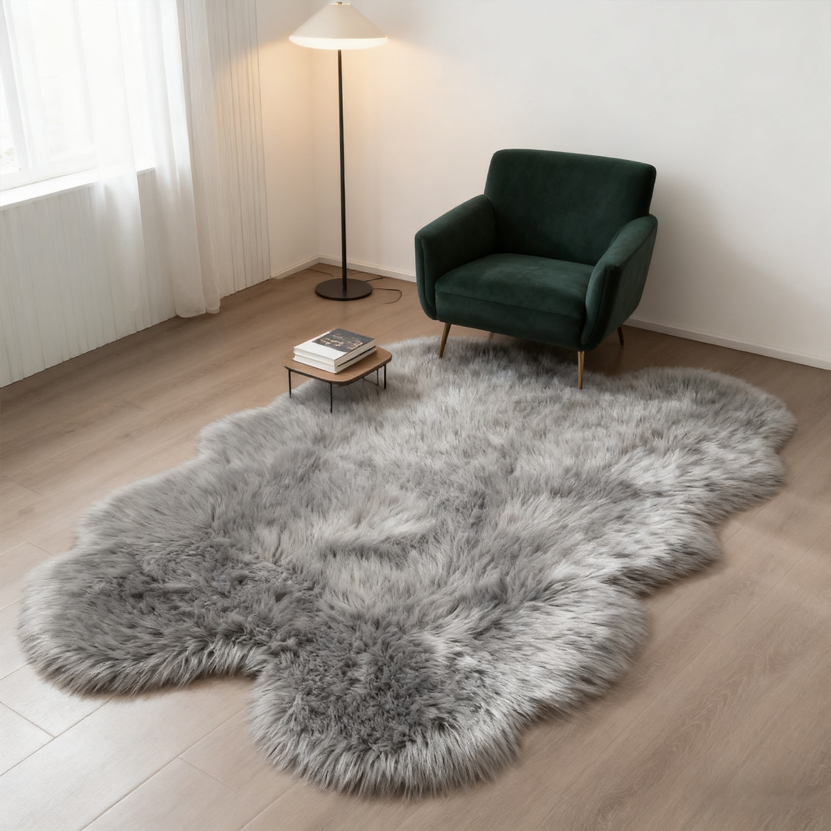Faux sheepskin rug 4'x6', gray machine-washable plush rug, suitable for use beside the bed in the bedroom, living room, and kids' room