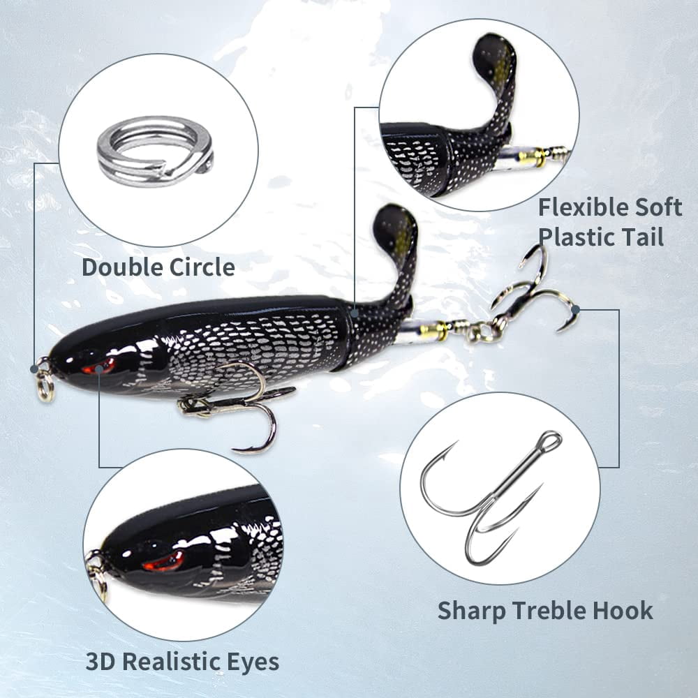 Whopper Popper Topwater Fishing Lure with 3D Eyes and Soft Rotating Tail for Bass