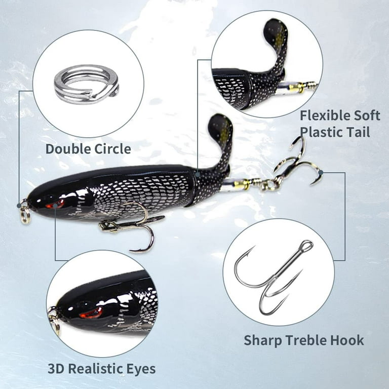 Whopper Popper Topwater Fishing Lure Artificial Hard Bait 3D Eyes Plopper with Soft Rotating Tail Fishing Tackle, Yellow
