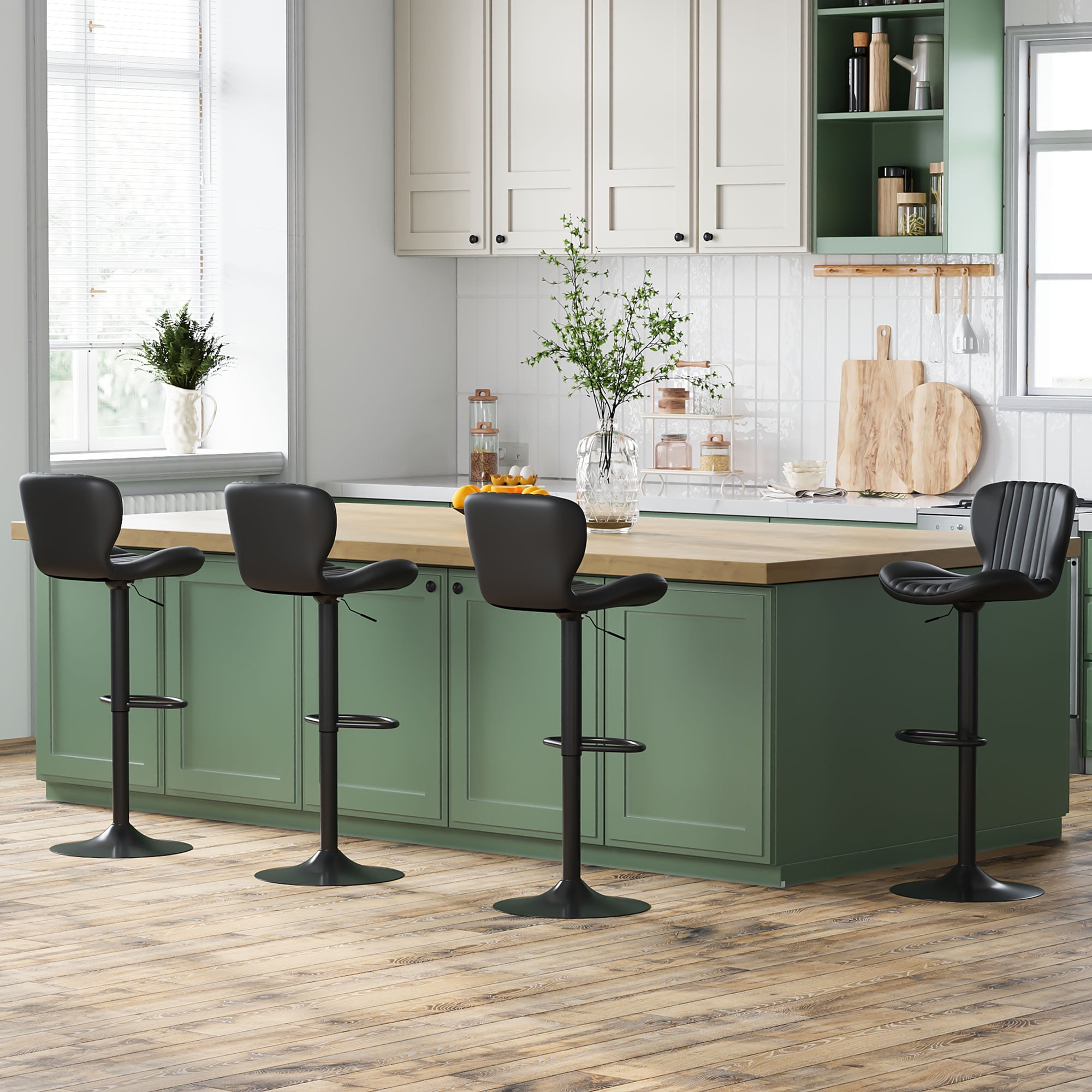 Walsunny Adjustable Bar Stools Set of 4 Leather Upholstered Swivel Counter Stools Counter Height Bar Stools with Large Base, Room Bar, Black