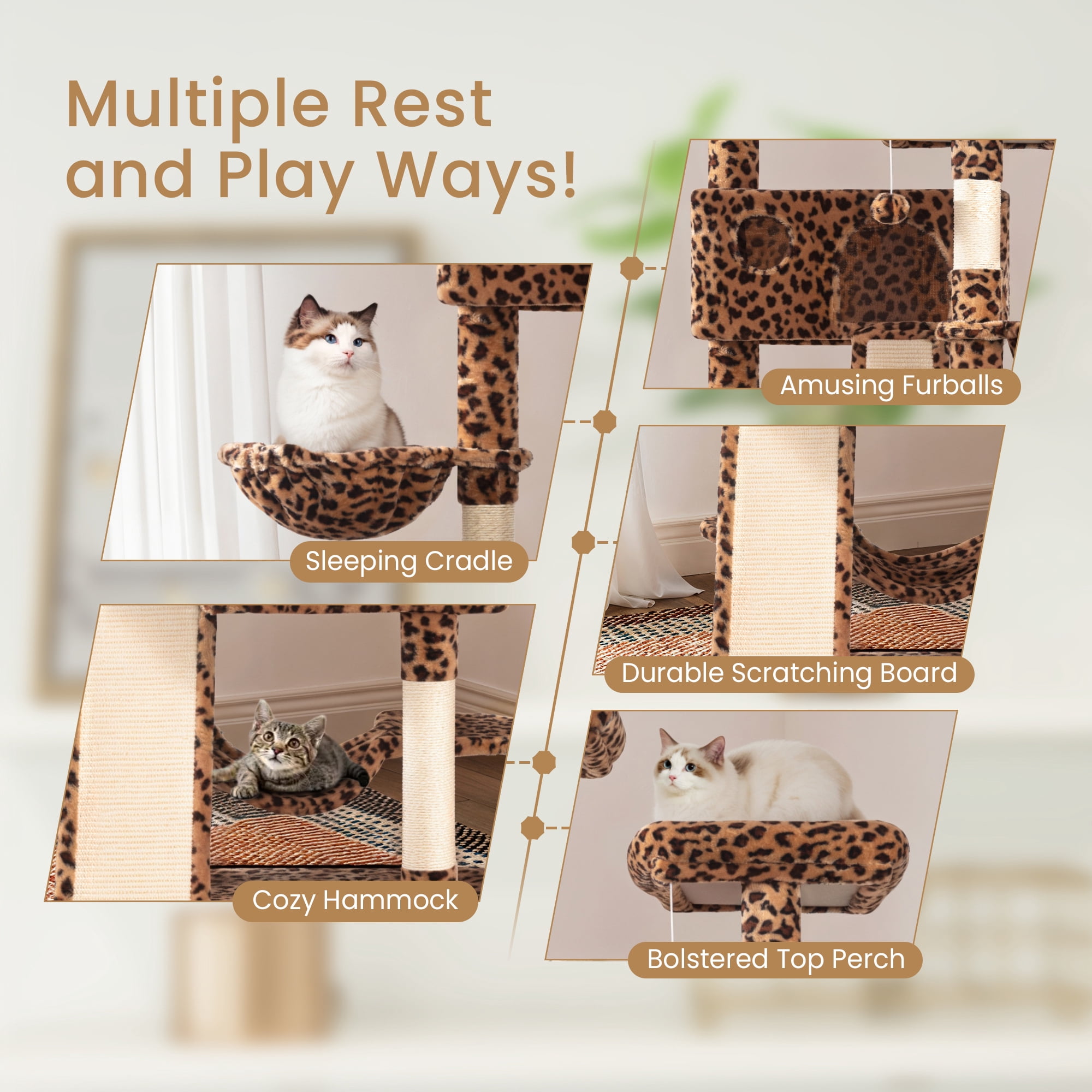 Merrland 65.7" Large Cat Tree Tower Condo for Cats with 2 Scratching Ramps, Hammock & Scratching Posts, Leopard Print