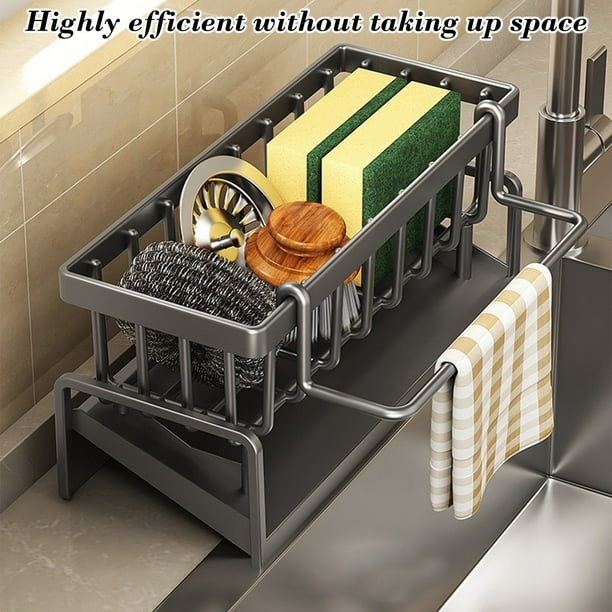 Estante multifuncional para fregadero de cocina | Soporte de plástico de doble capa para esponja y trapo de cocina | Diseño de drenaje con patas estables | Negro, blanco y gris | Organizador para