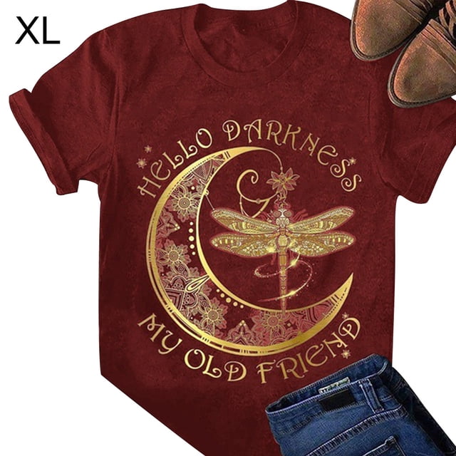 Camiseta de mujer con estampado de manga corta, cuello redondo, blusa informal de verano, rojo vino, XL Jumpingount AP002571-18