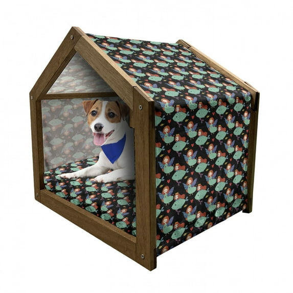 Angel Wings Pet House, Cartoon Girl with Fishes in a Bird Form Tale Fantasy Character Cartoon, Outdoor & Indoor Portable Dog Kennel with Pillow and Cover, 5 Sizes, Multicolor, by Ambesonne