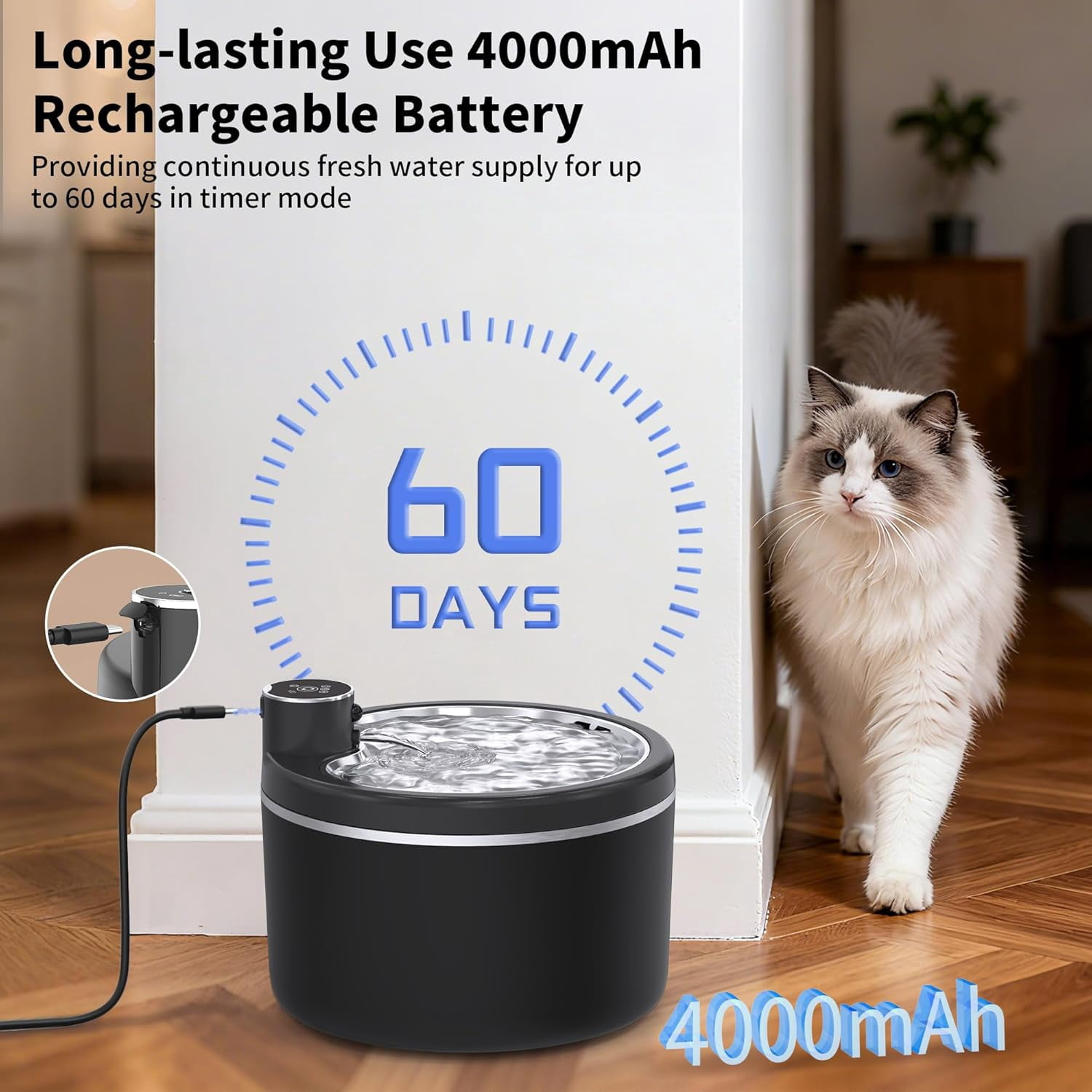 Cordless Cat Water Fountain 108oz 3L Stainless Steel Motion Sensor Battery Operated Pet Drinking Fountain