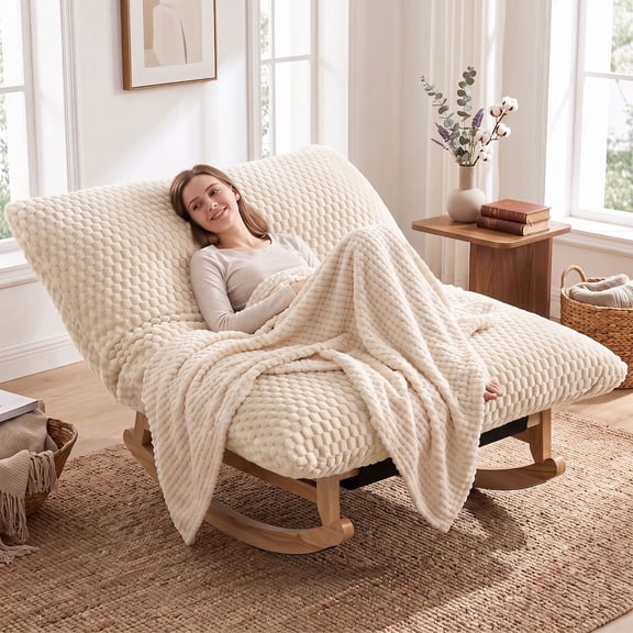 OMNIBERG 57"‌ Oversized Chaise Rocking Lounge Chair with Solid Wood Base, Plush Corduroy Beanbag Rocking Sofa Chair, Cozy Cloud Accent Chair Lounger for Bedroom Living Room, Beige