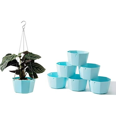 6 Pack 6 Inch Hanging Plant Pot Self Watering Hanging Planters Indoor Hanging Flower Pots Outdoor Hanging Pot Basket, Plant Hanger with 3Hooks, Drainage Holes for Garden Home (Blue)