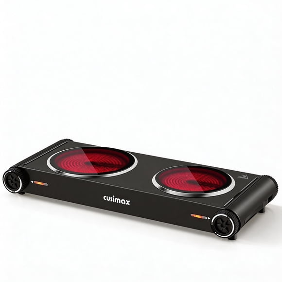 CUSIMAX Plaque Chauffante Portable à Double Brûleur 1800W, Cuisinière Électrique avec Contrôle de Température Réglable, Surface de Cuisson Infrarouge en Céramique et Verre, Compatible avec Tous les Ustensiles de Cuisson
