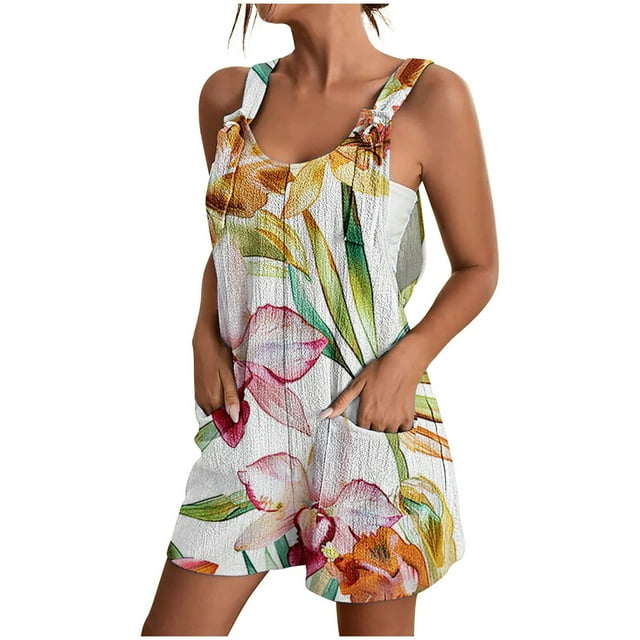 IROINID Femmes Imprimé Shorts Combinaisons, Femmes Été Confortable Bretelles Décontractée Impression Shorts Poche Combinaison Short Multicolore M