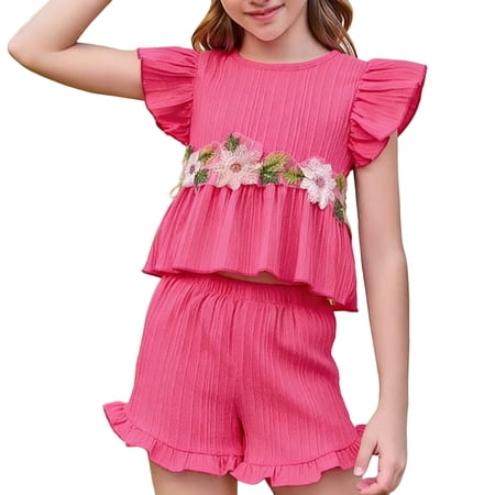 BLTIBY Toddler Girls 2 Piece Summer Outfits Ruffle Sleeve Floral Embroidered Tank Tops and Shorts Sets for Kids Hot Pink 2-3Years