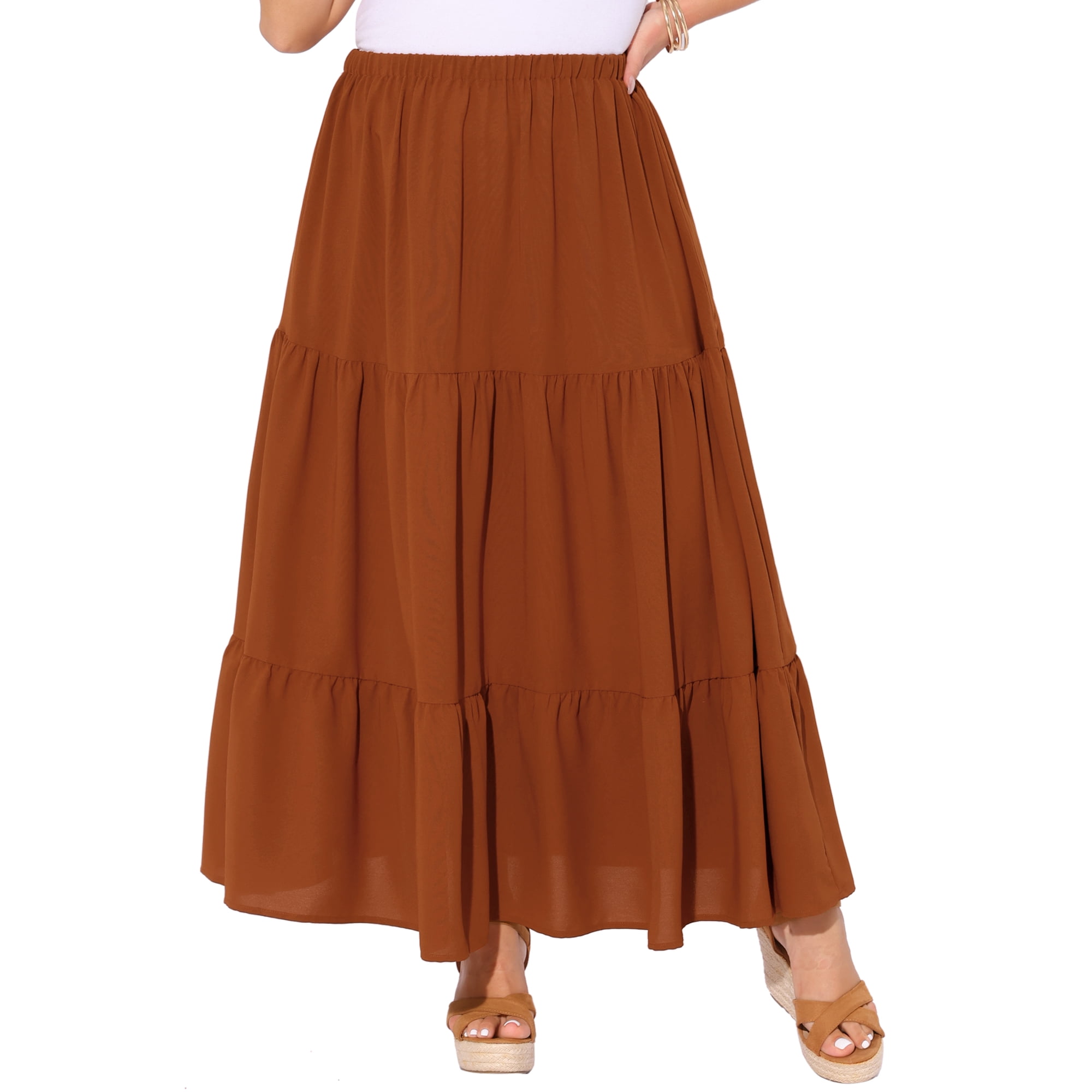 DARING DIVA Women's Plus Swing Maxi Elastic High Waist Boho Flowy Skirts 1X Caramel