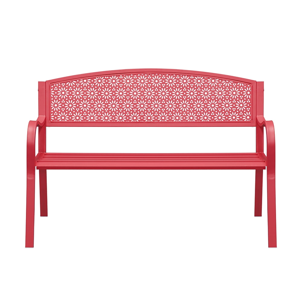 KOOL High Back Outdoor Metal Garden Bench Steel Slat Patio Loveseat Park Bench for Porch Yard Lawn Patio Bench, Red