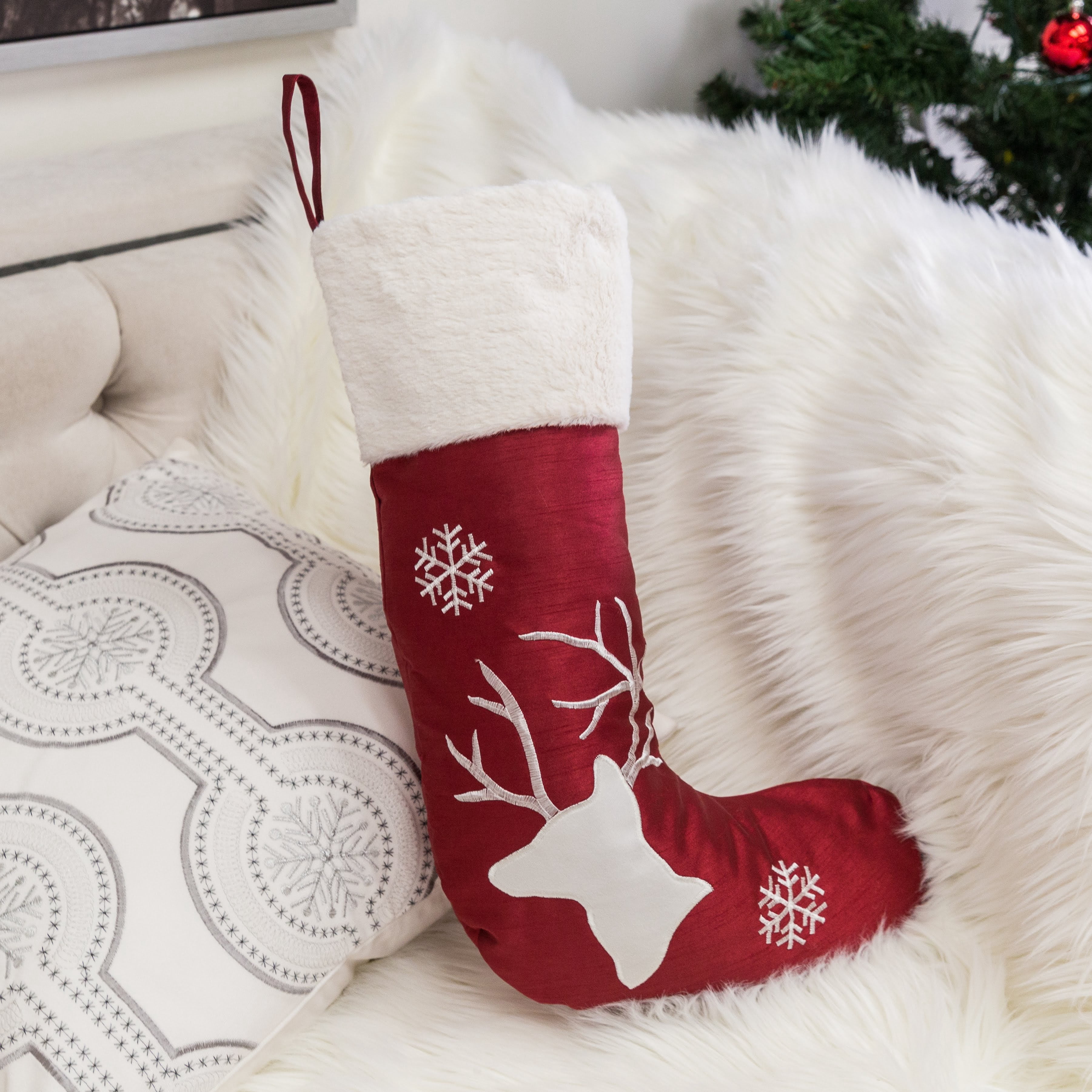 20 in. Red Polyester Reindeer Christmas Stocking with Stitched Accents