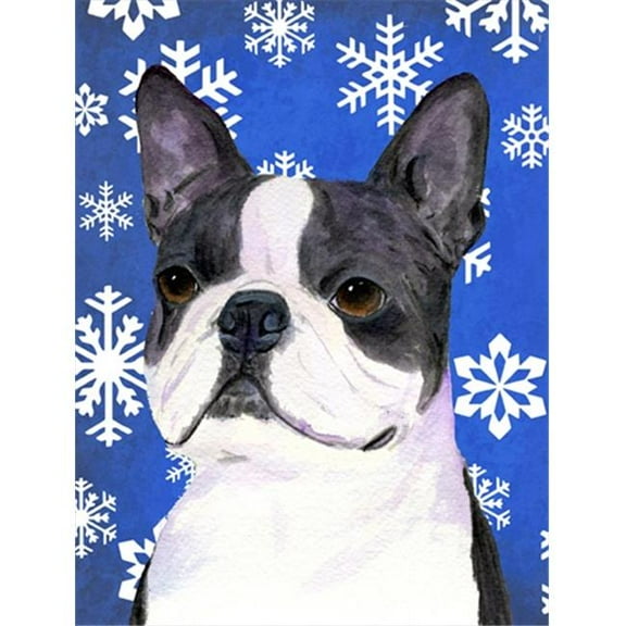 11 x 15 in. Boston Terrier Winter Snowflakes Holiday Flag Garden Size