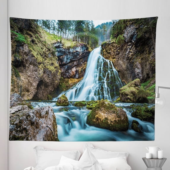Landscape Tapestry, Gollinger Waterfall Mossy Rocks Forest Trees Austria Outdoorsy Photo, Fabric Wall Hanging Decor for Bedroom Living Room Dorm, 5 Sizes, Dark Taupe Multicolor, by Ambesonne