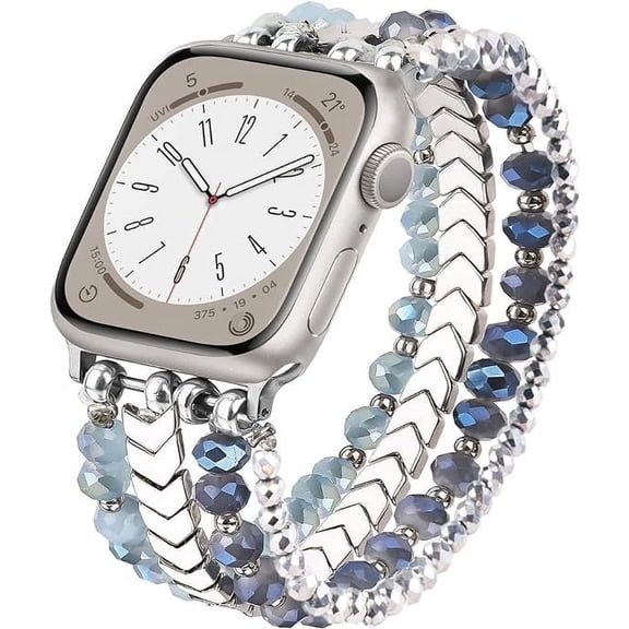 Multi-Layer Gradient Blue Crystal Beaded Watch Band, Elastic Bracelet Strap Compatible for All Apple Watch Models, Women Jewelry Replacement Wristband