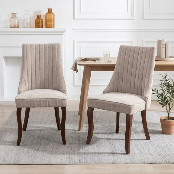 FFZ 37.5"Tall Set of 2 Rayon Cloth Flocking Dining Chairs with Curved Solid Wood Legs, Beige