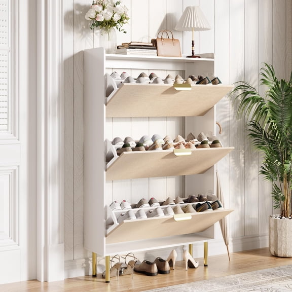 White Farmhouse Slim Shoe Storage Cabinet with 3 Flip‑Down Drawers, Freestanding Narrow Organizer with Metal Legs and Adjustable Shelves for Foyer & Hallway
