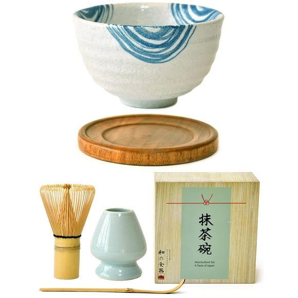 Premium Japanese Ceremonial Matcha Green Tea Chawan Bowl Full Kit Matcha Whisk Set with Accessories and Tools Bamboo Chasen Matcha Whisk Scoop and Holder (Blue Rings)